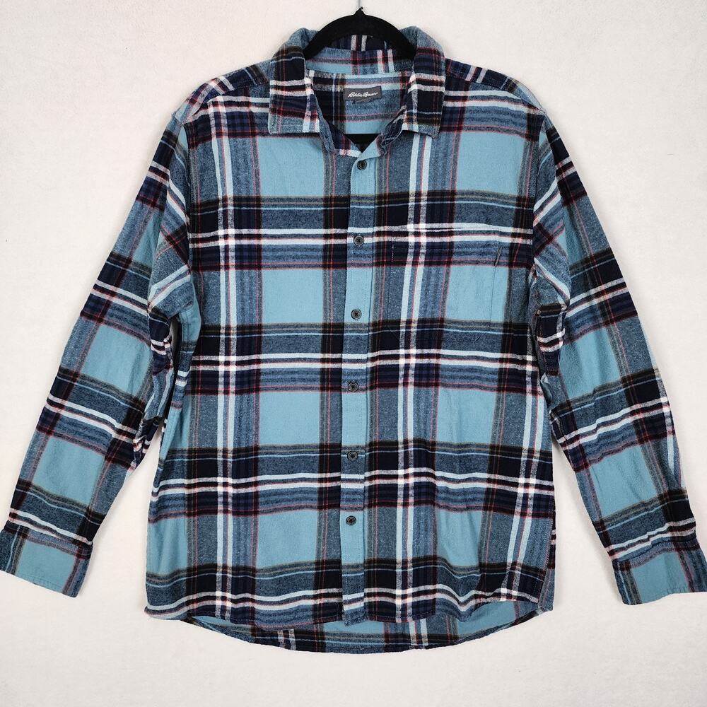 Eddie Bauer Blue Plaid Button Up Shirt Flannel Cotton Outdoor Casual Mens Size L